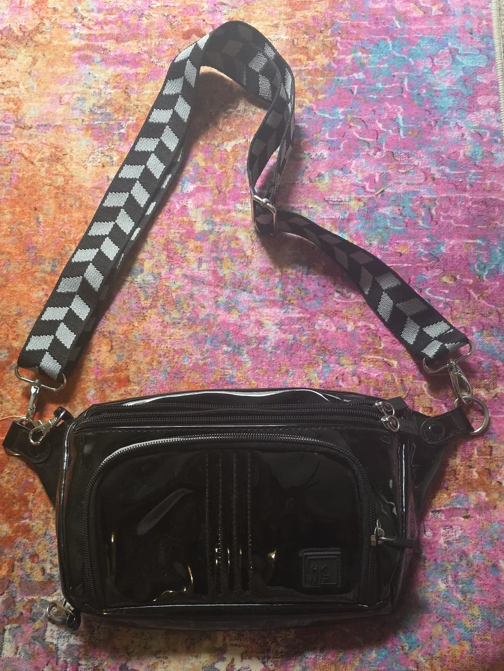 Black Patent Crossbody Bag with Patterned Strap